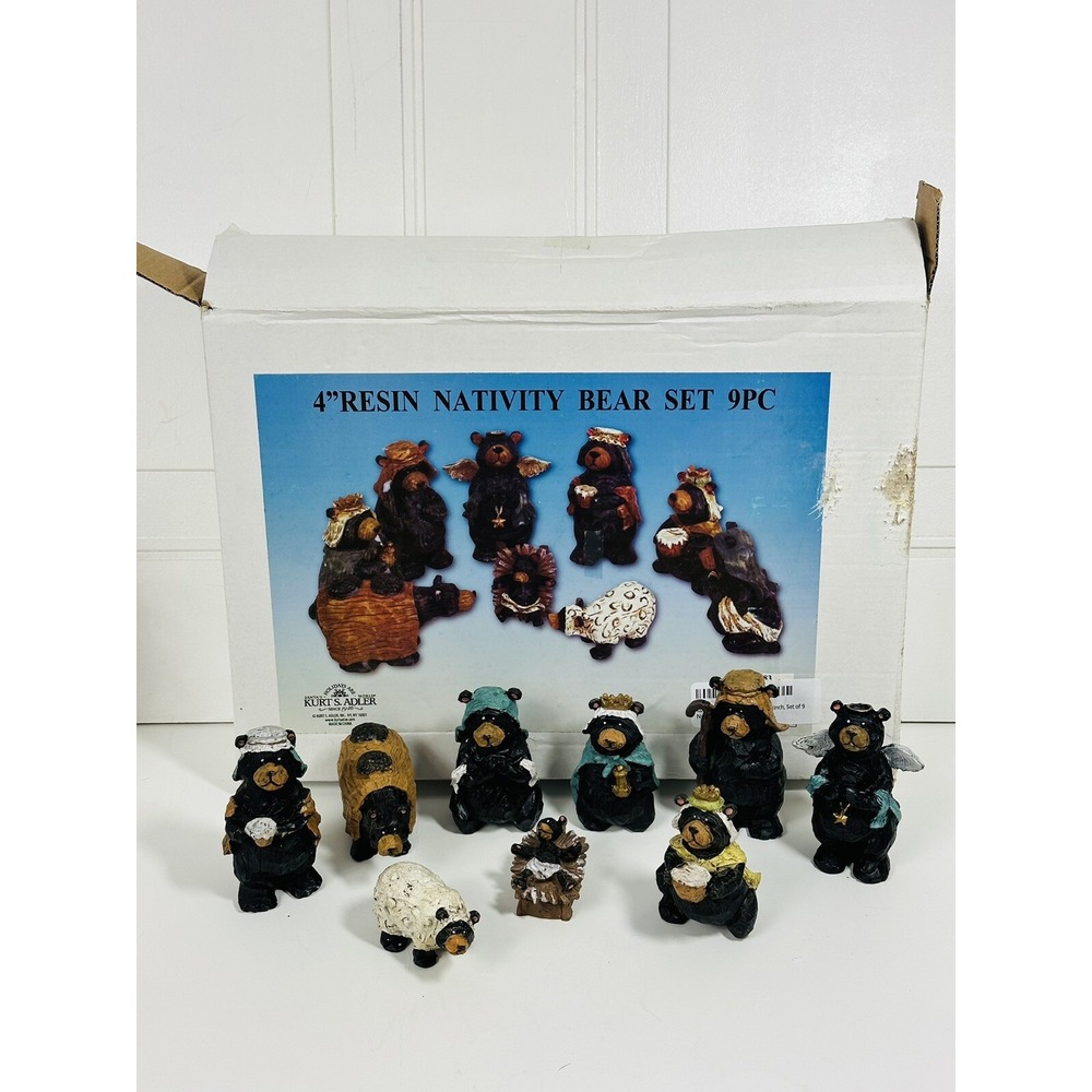 Kurt‎ Adler 9 Piece Resin Bear Nativity Scene Christmas Lodge Cabin Decor